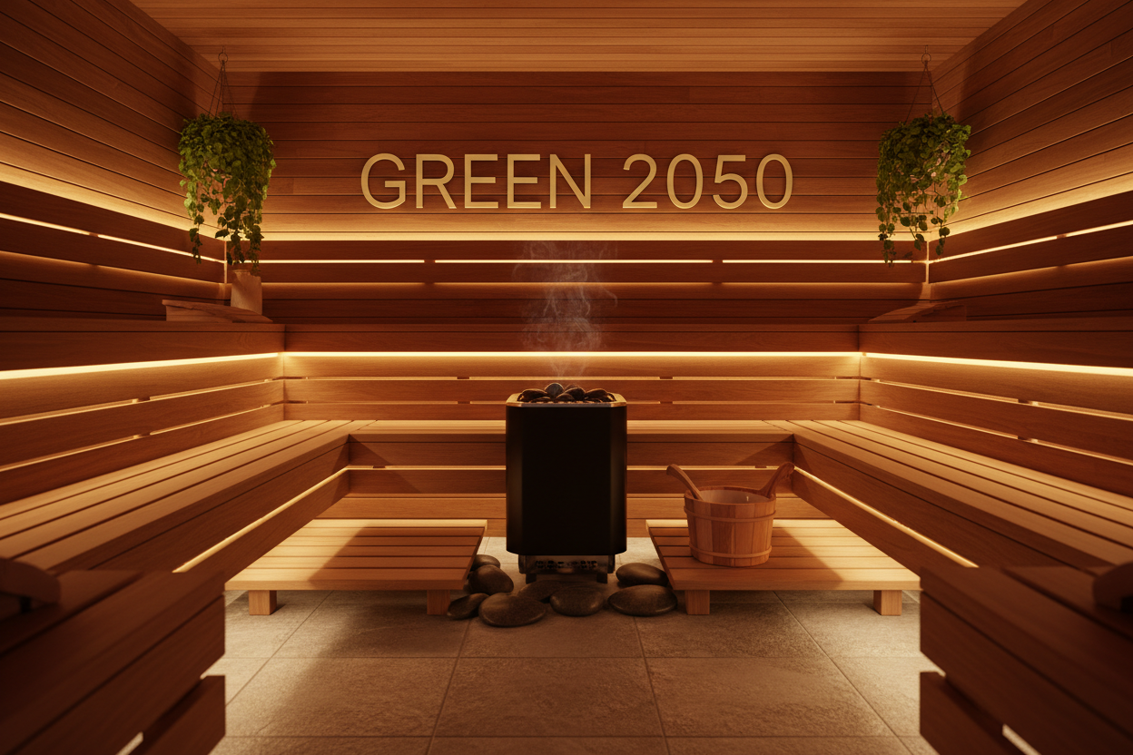 make an image for the main page of the sauna shop and font with the name green 2050